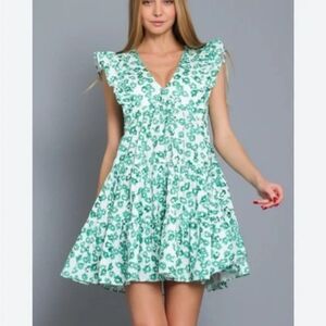 AAKAA Green & White Print Ruffle Trim Mini Dress | SZ S